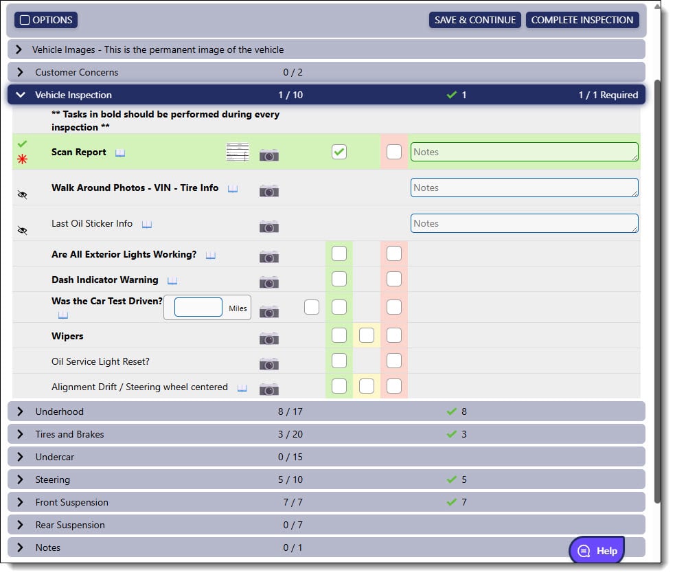 Checklist Overview in a Digital Vehicle Inspection