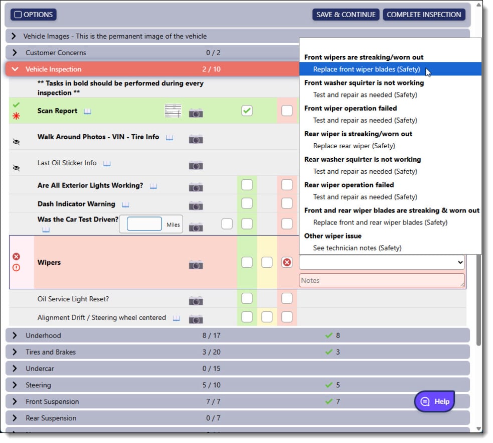 Drop Down Choices in a Digital Vehicle Inspection
